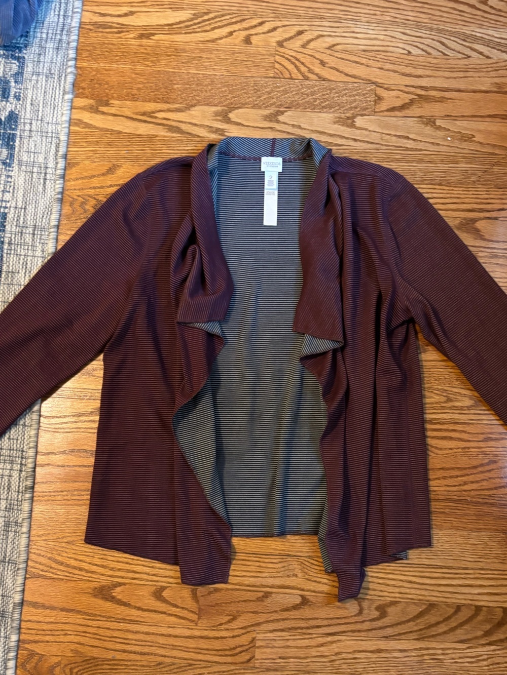 Chico's Travelers Reversible Open Front Cardigan Burgundy Gray Striped Size 2